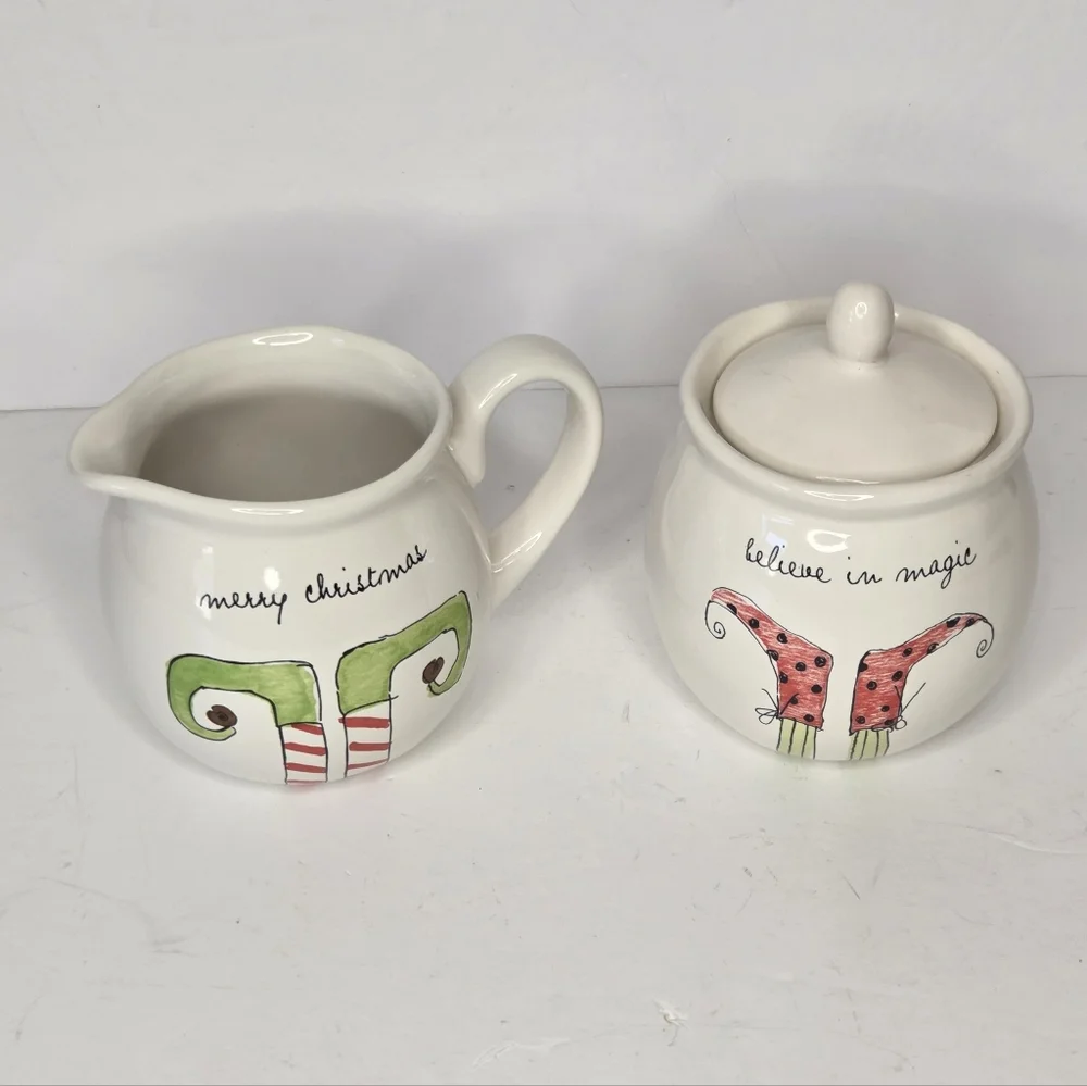 Rae Dunn Elf Feet Cream‎ And Sugar Set Christmas Kitchen Holiday Coffee Bar HTF